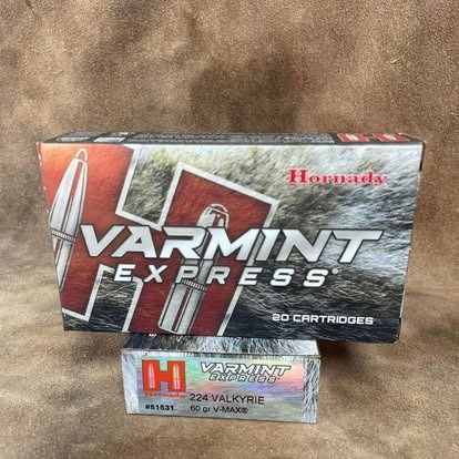 Box of Hornady Varmint Express .224 Valkyrie ammunition, with a smaller box in front.