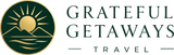 Grateful Getaways Travel logo with green circle, golden sun and waves, and serif text on white background