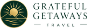Grateful Getaways Travel logo with green circle, golden sun and waves, and serif text on white background