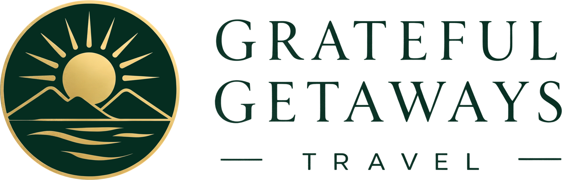 Grateful Getaways Travel logo with green circle, golden sun and waves, and serif text on white background