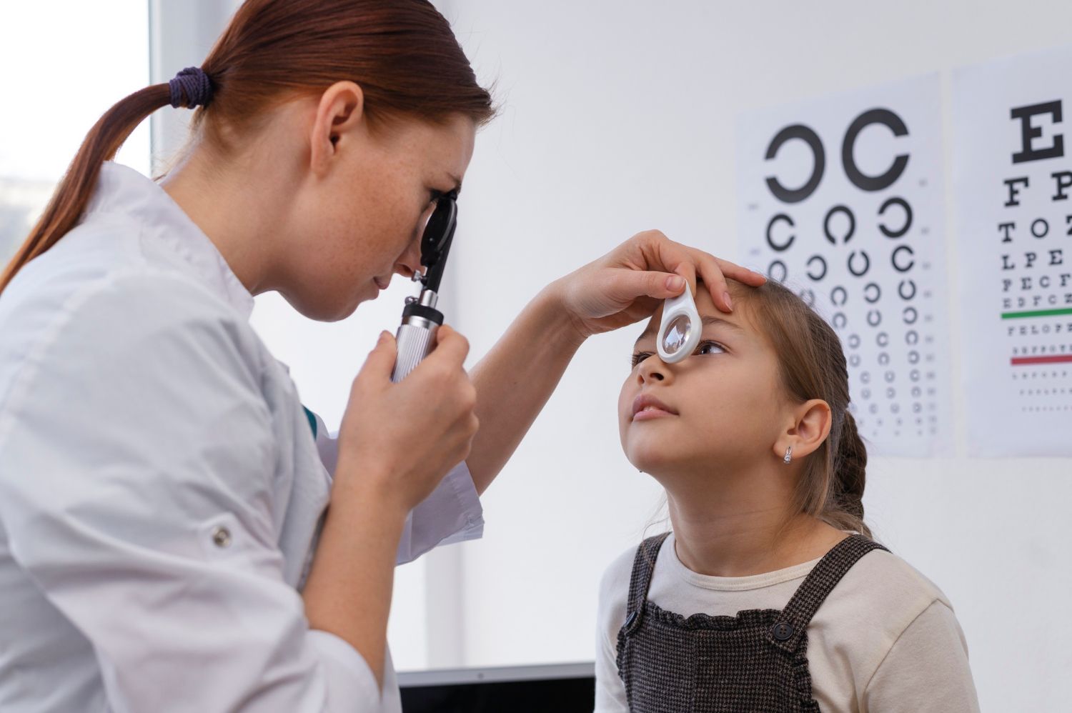 Optometrist examining a young girl's eyes with a light tool in an eye exam room.