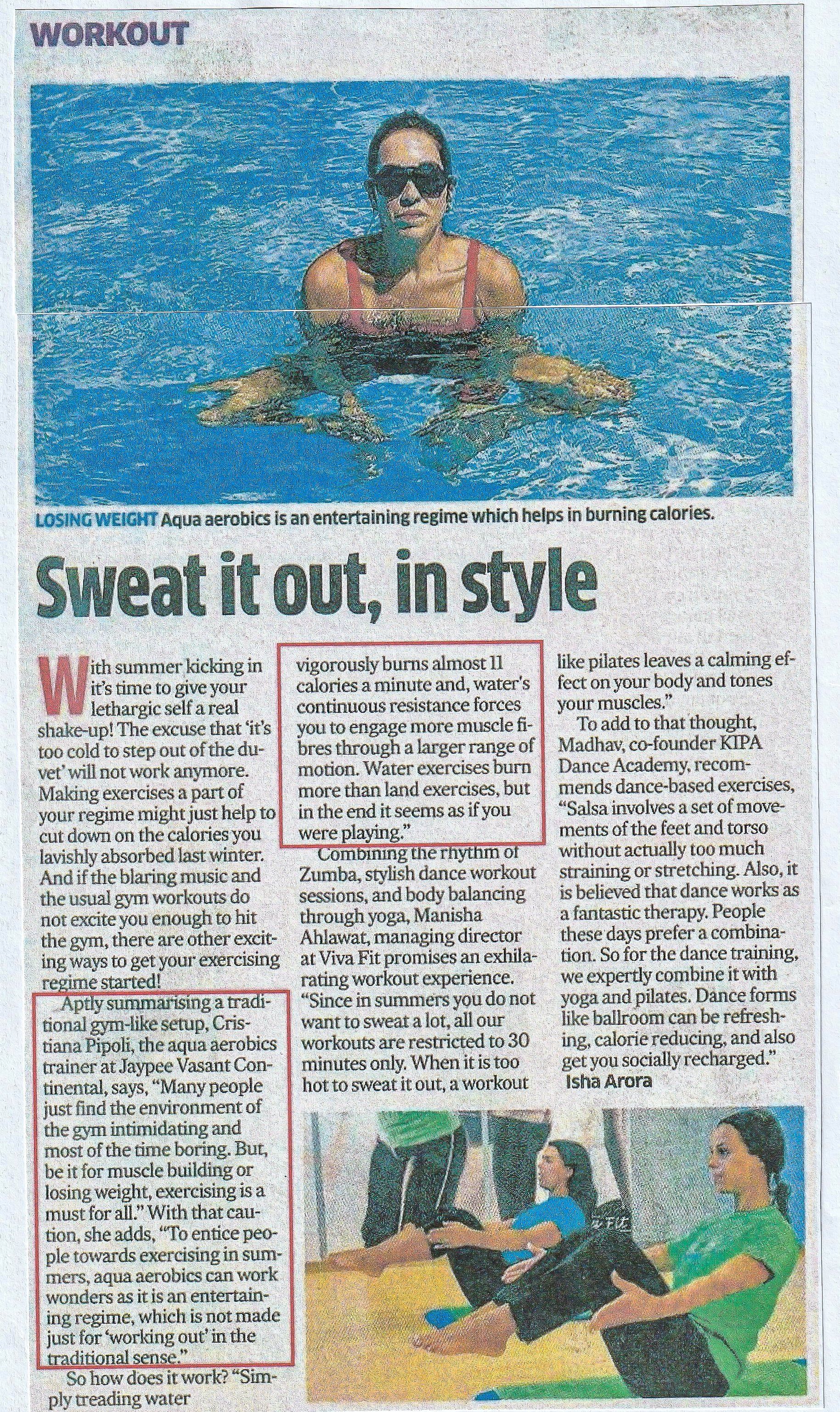 A newspaper article about a woman swimming in a pool.