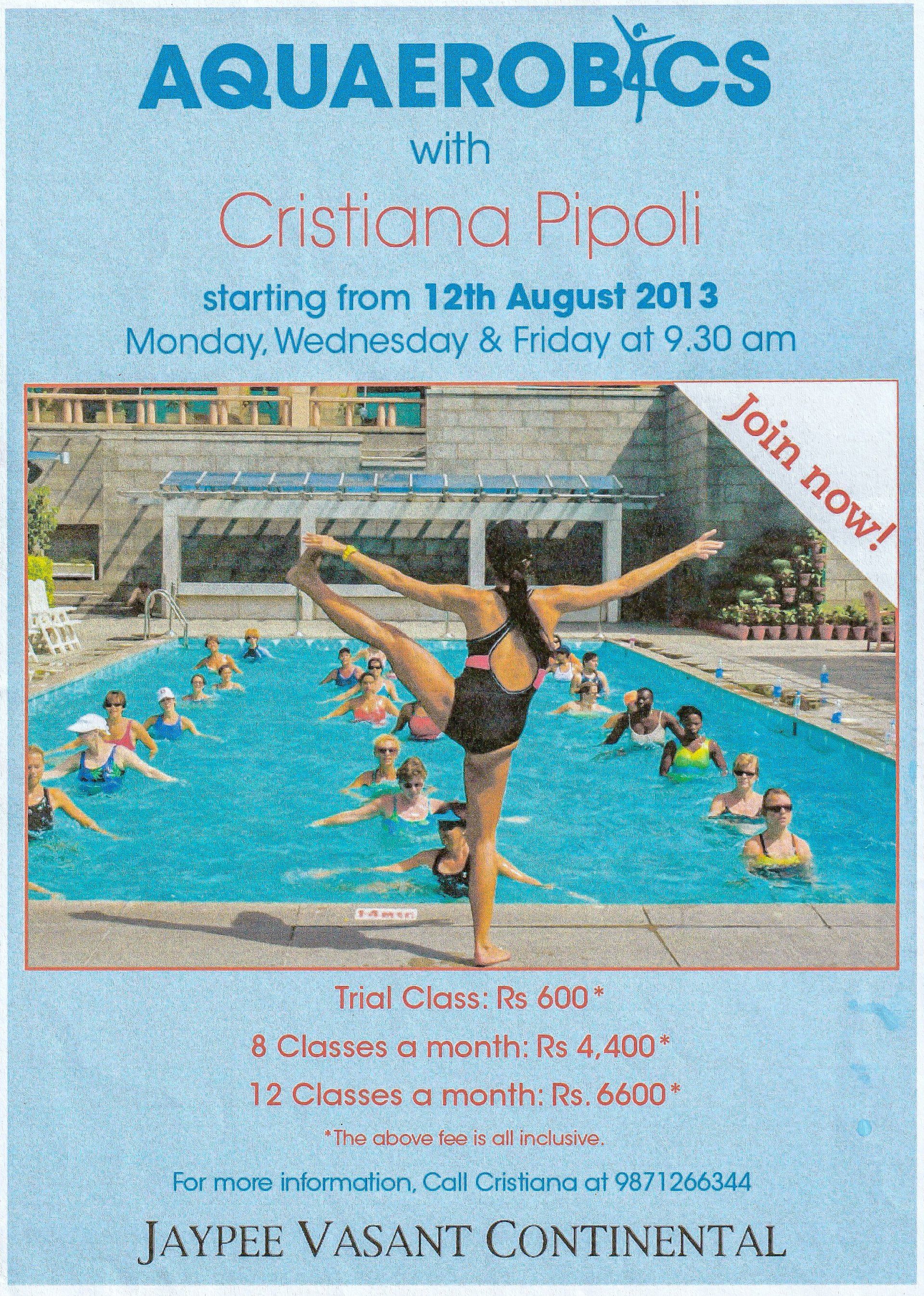A poster for aquaaerobics with a woman doing a handstand in a pool