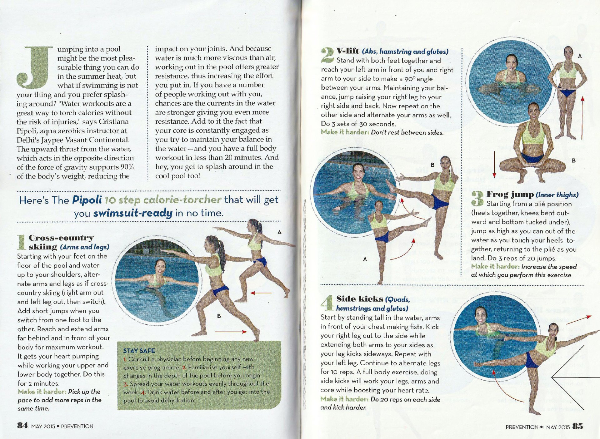 A magazine is open to a page with a picture of a woman doing exercises in a pool.