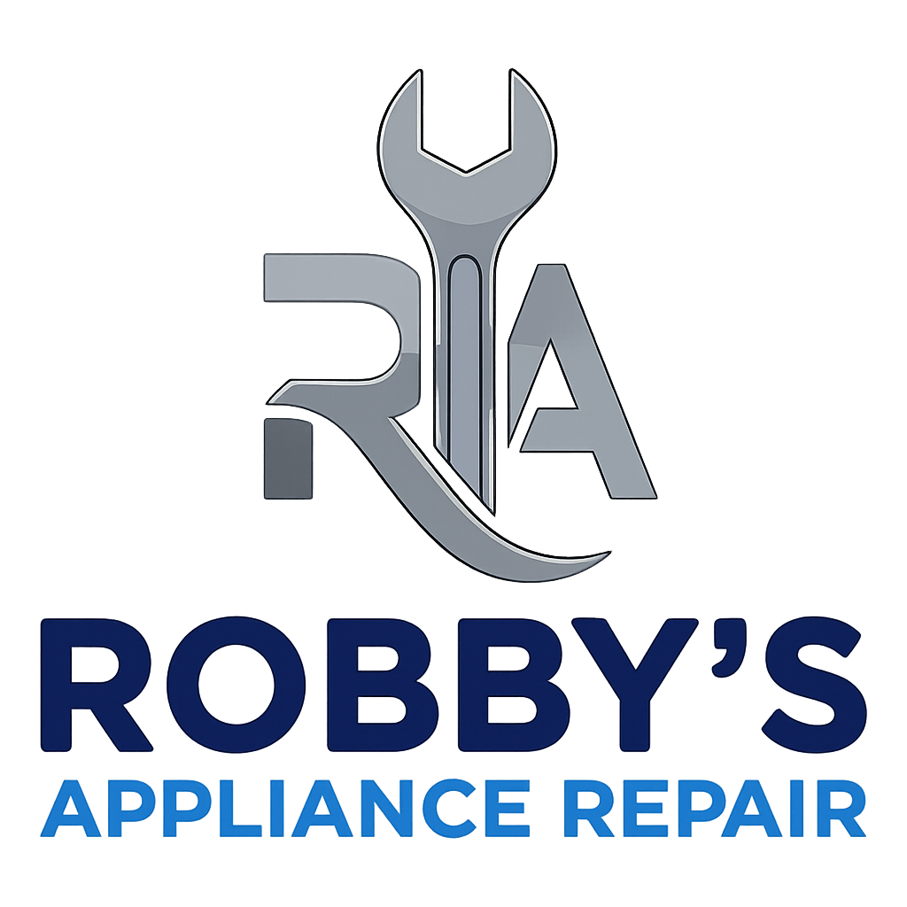 Logo for Robby's Appliance Repair with gray wrench and blue text on white background