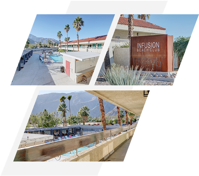 A collage of four pictures of a hotel with a sign that says infusion beach club