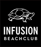 The logo for infusion beach club has a turtle on it.