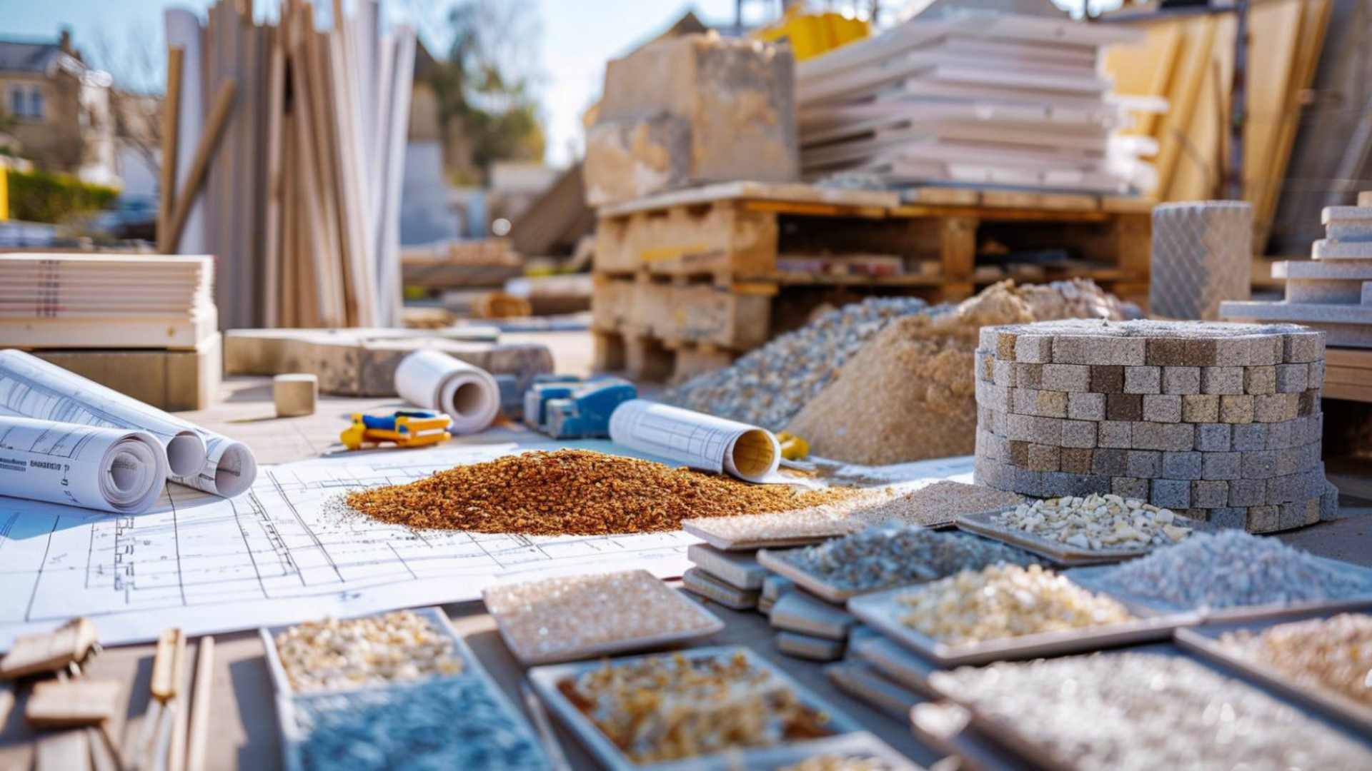 Construction site with rolled blueprints, gravel, bricks, and stacked building materials in sunlight