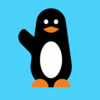 Un pingouin agite sa main sur un fond bleu.