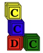 Colored alphabet blocks stacked in a staggered tower: yellow C, blue C, red D, and green C.