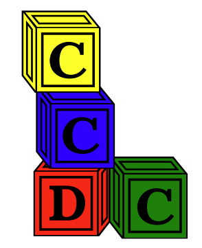 Stack of colorful alphabet blocks: yellow C, blue C, red D, and green C