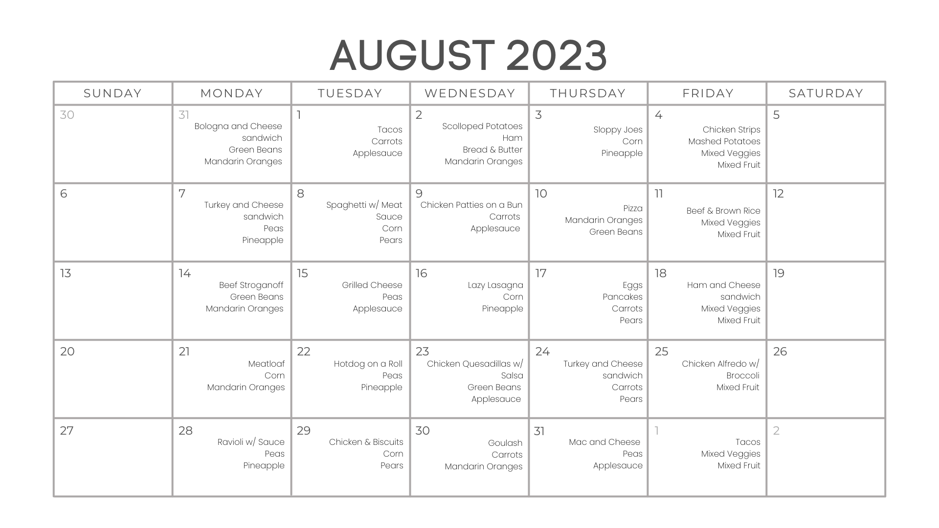 August 2023 monthly calendar with handwritten notes in several dates.