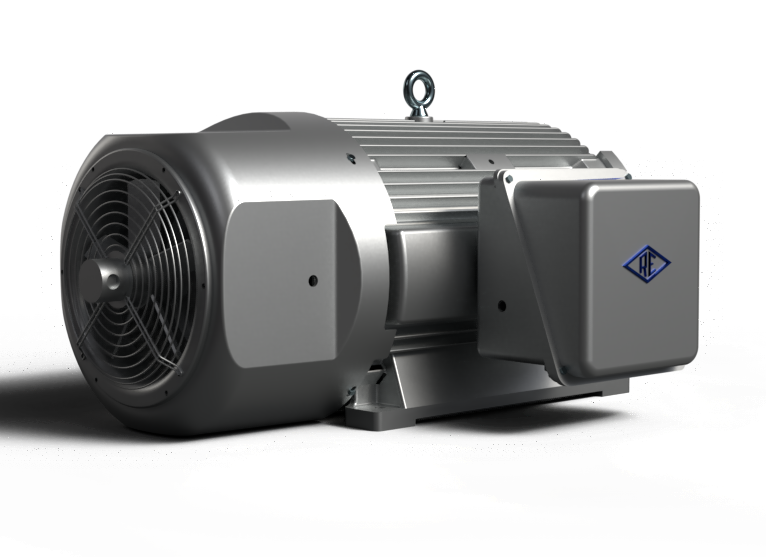 A gray electric motor with a fan attached to it on a white background.