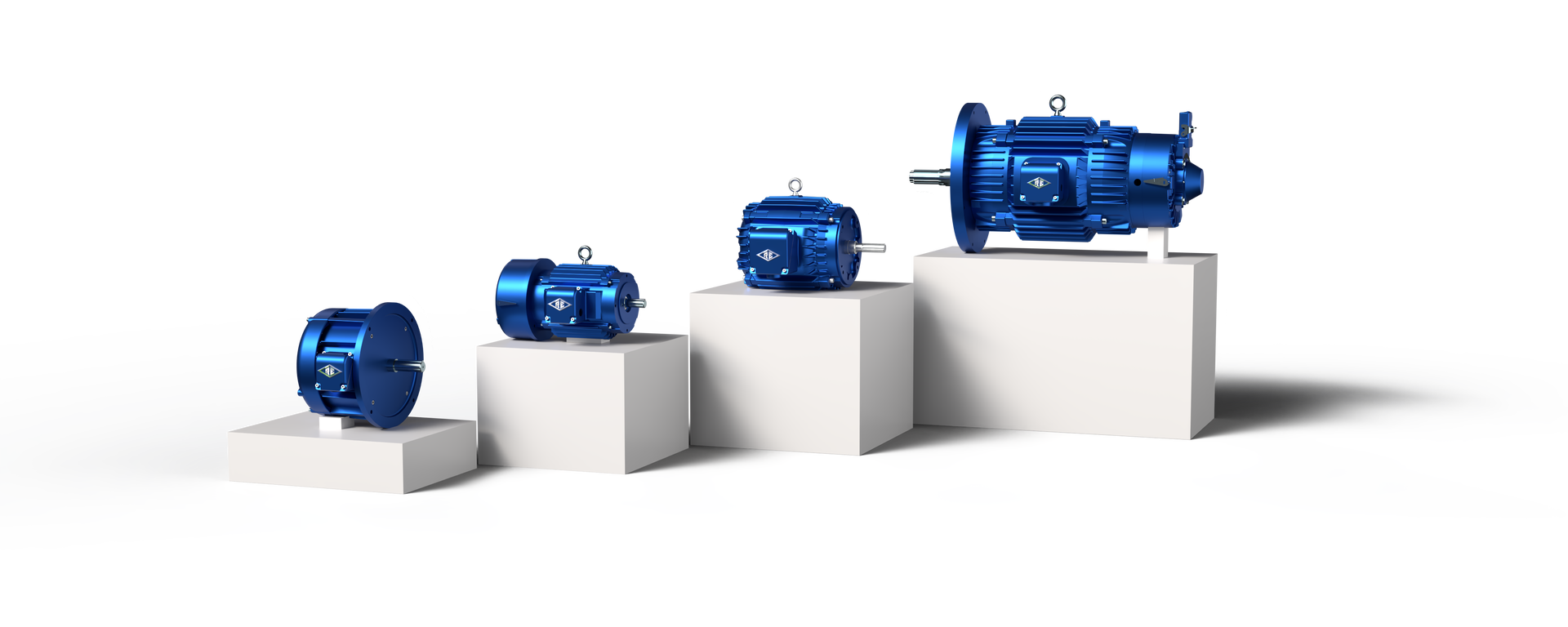 A group of blue motors sitting on top of white pedestals.