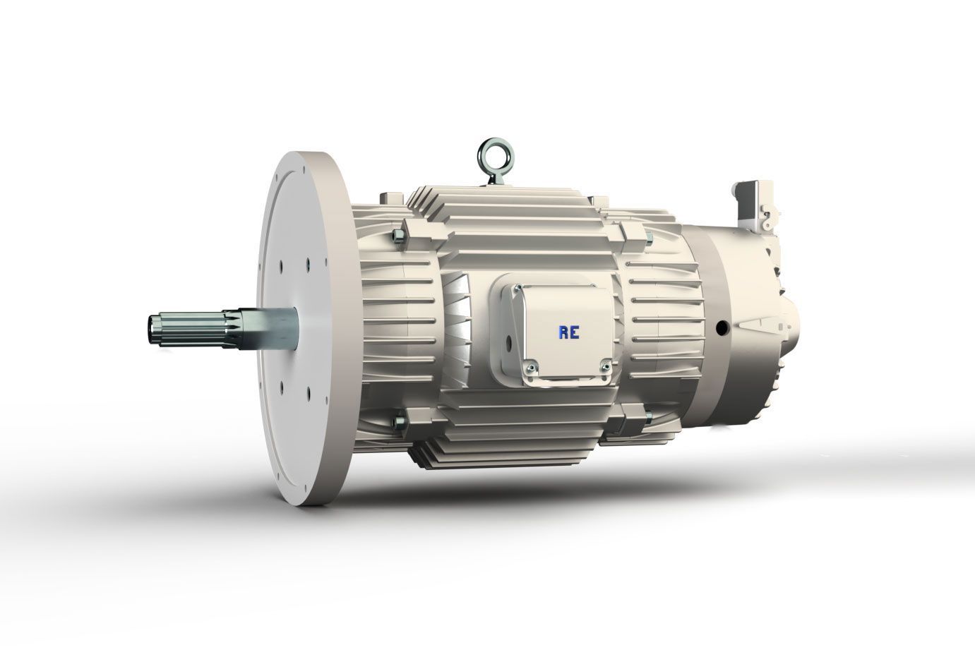 A white electric motor is sitting on a white surface.