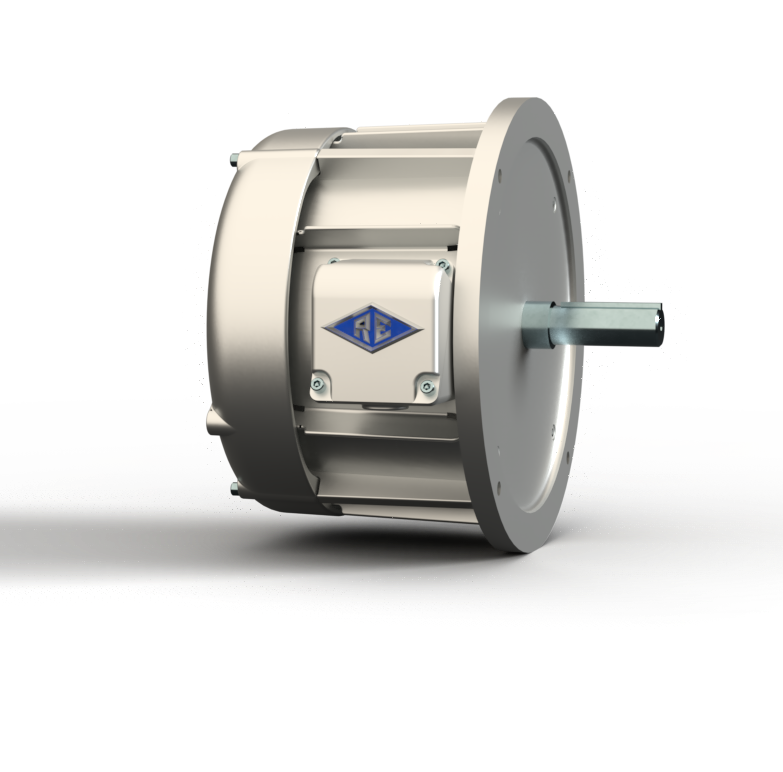 A stainless steel motor with a blue logo on it