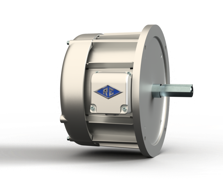 A close up of a stainless steel motor on a white background.