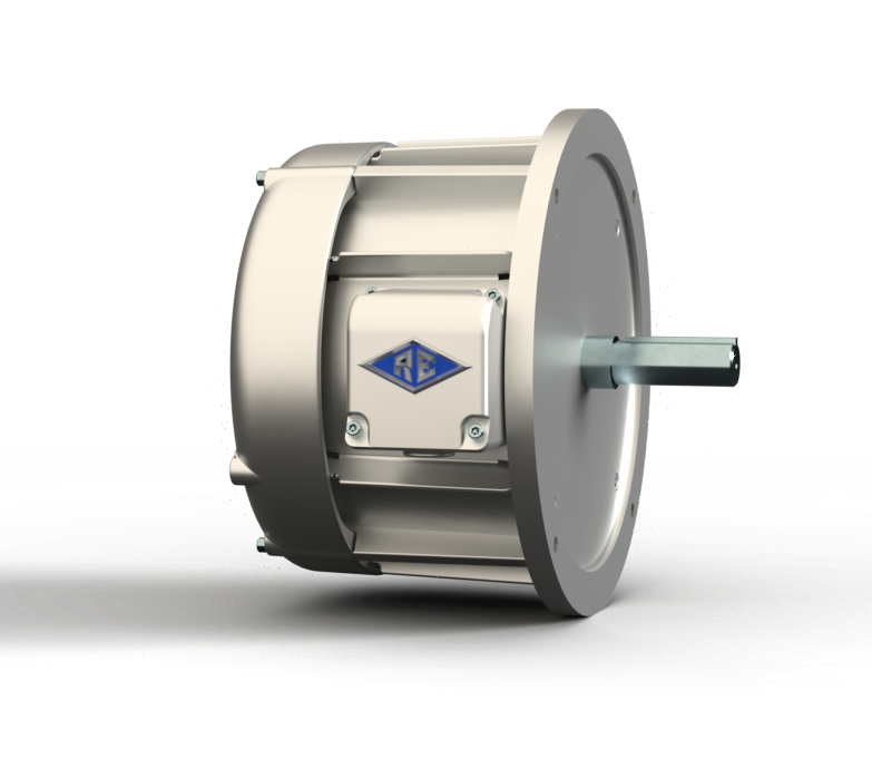 A close up of a stainless steel motor on a white background.