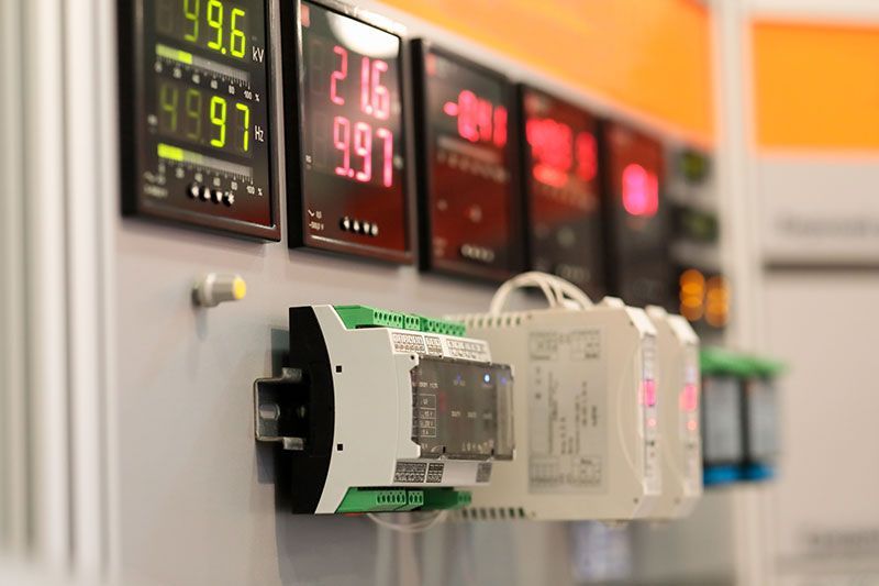 A bunch of electronic devices are hanging on a wall.