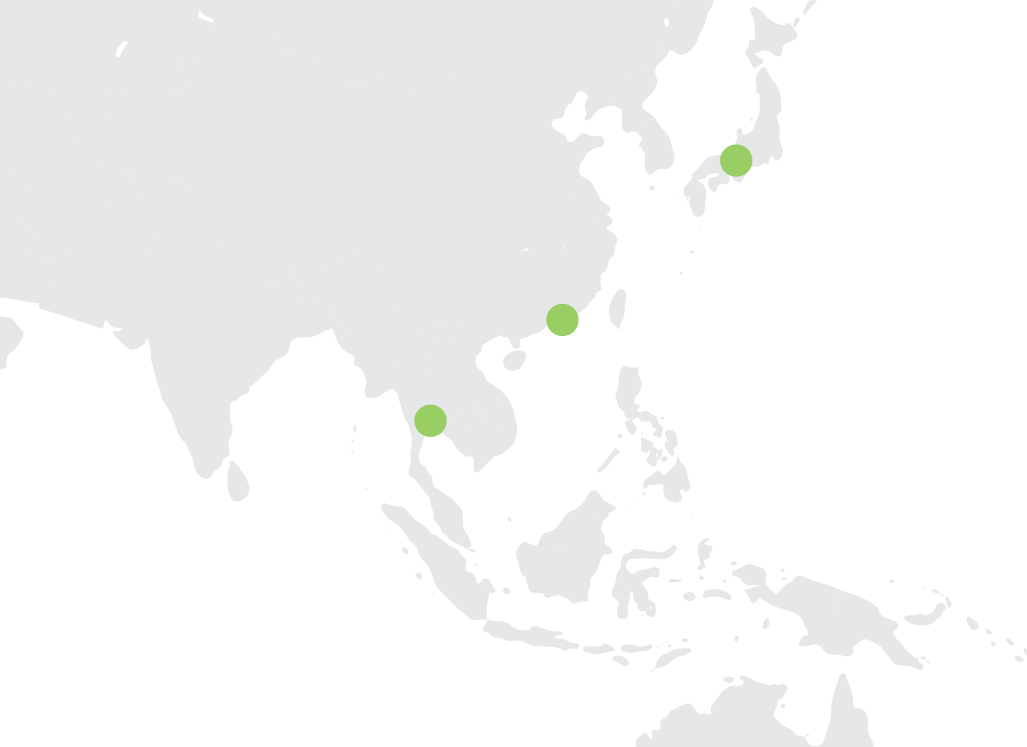 A map of asia with two green dots on it.