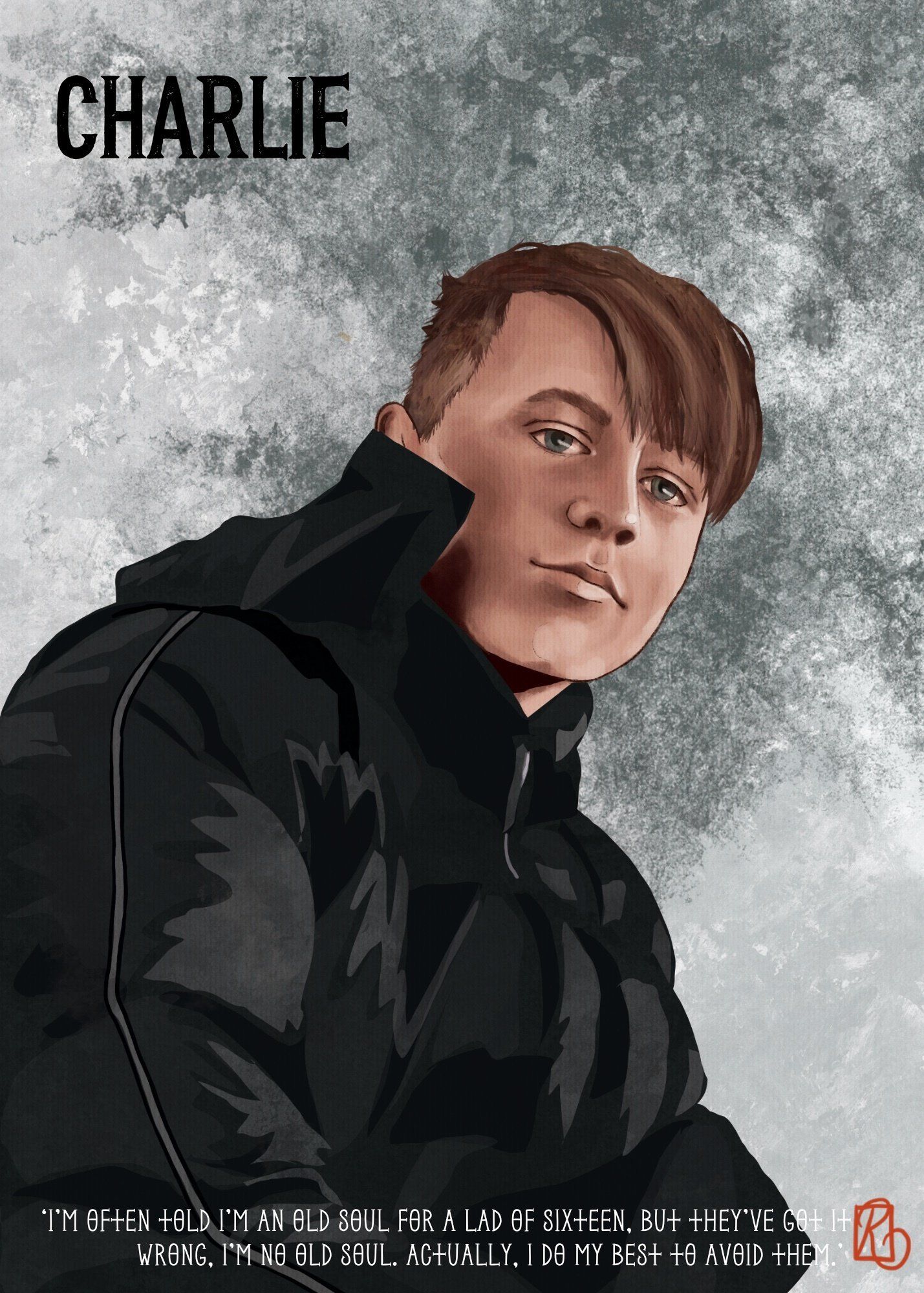 A cartoon drawing of a young man in a black jacket.