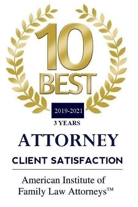 Award badge: "10 Best Attorneys" for client satisfaction (2019-2021) by the American Institute of Family Law Attorneys.