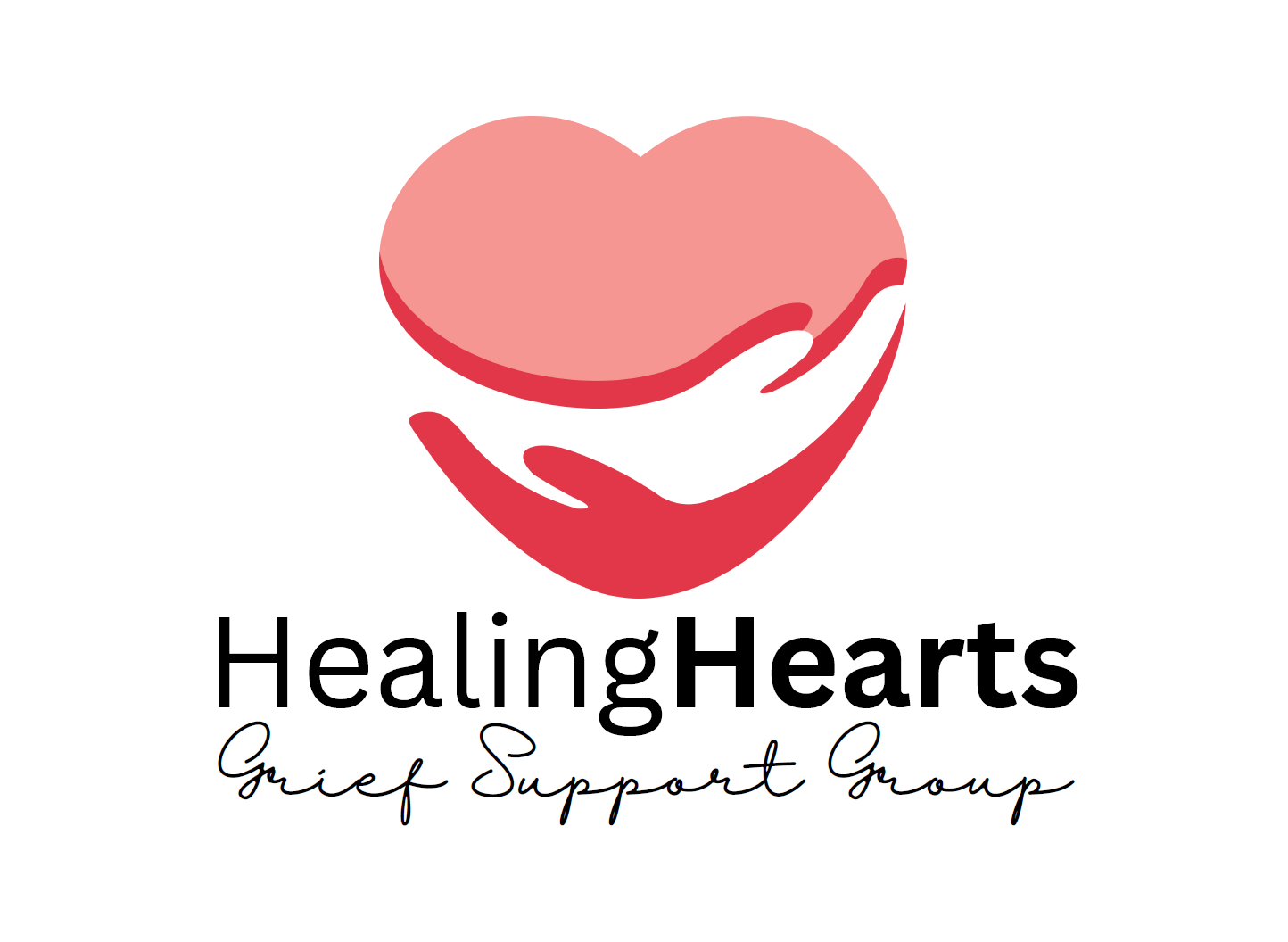 Healing Hearts Grief Support Group logo with pink heart and red hand shape above the name