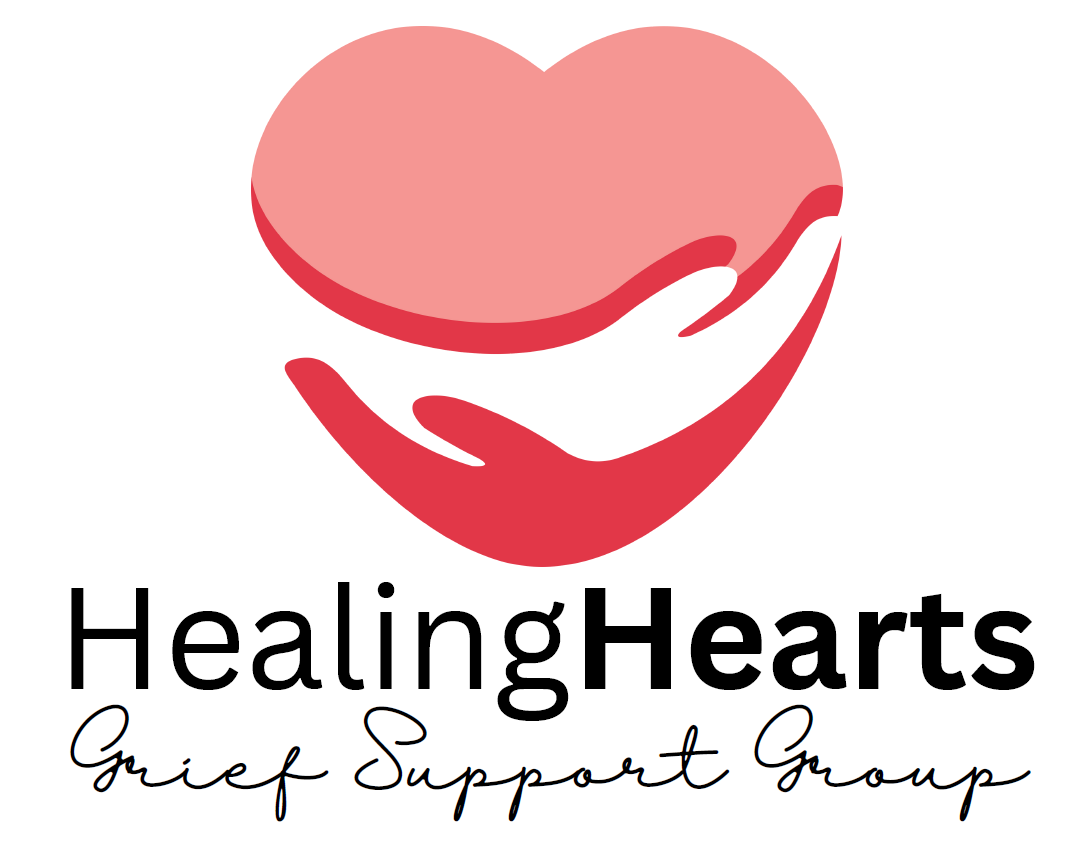 Healing Hearts Grief Support Group logo with pink heart and red hands cradling it