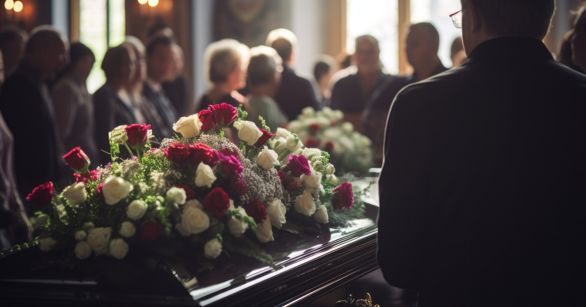 Flower-covered casket at a funeral, with mourners gathered in the background.