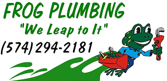 Logo for Frog Plumbing featuring a cartoon frog carrying a red toolbox and wrench with phone number (574) 294-2181.