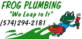 Logo for Frog Plumbing featuring a cartoon frog carrying a red toolbox and wrench with phone number (574) 294-2181.