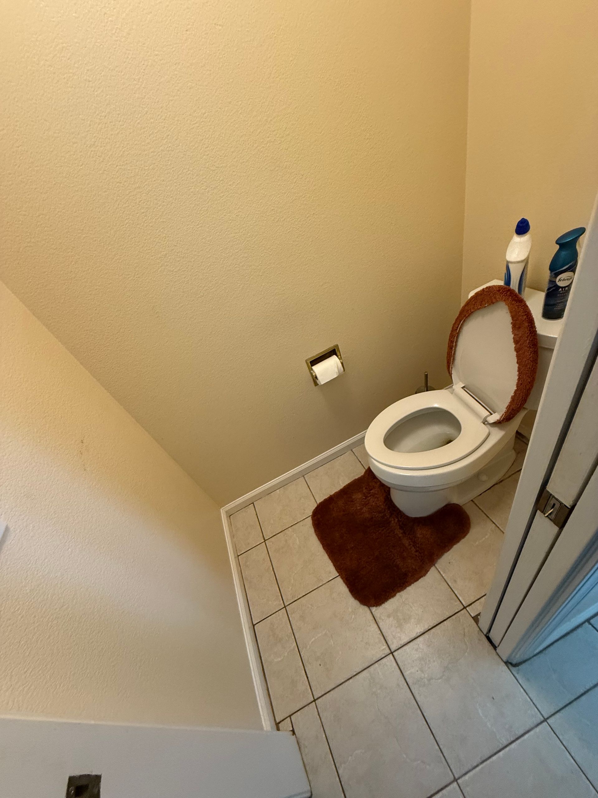 Small bathroom with open toilet, brown seat cover and mat, tiled floor, and cleaning supplies nearby