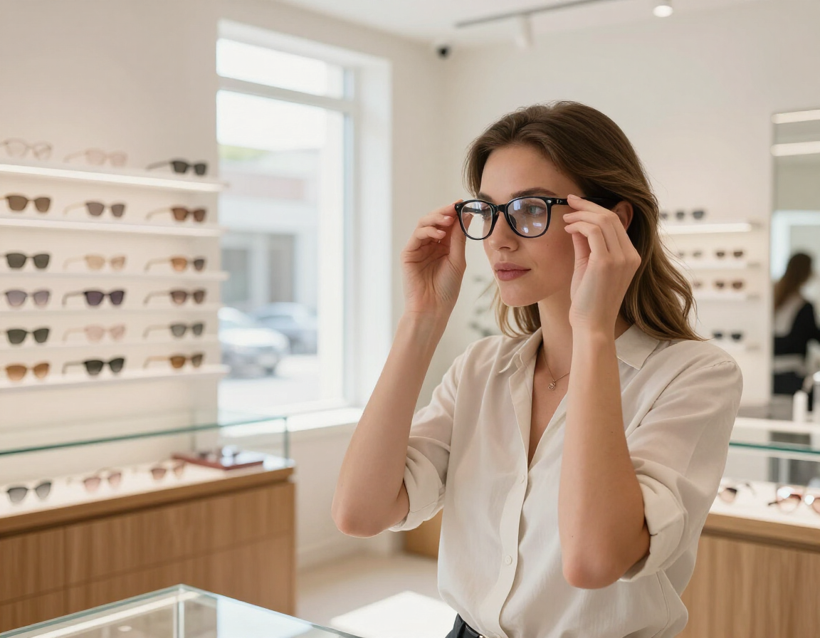 Cliente che prova montature in ottica