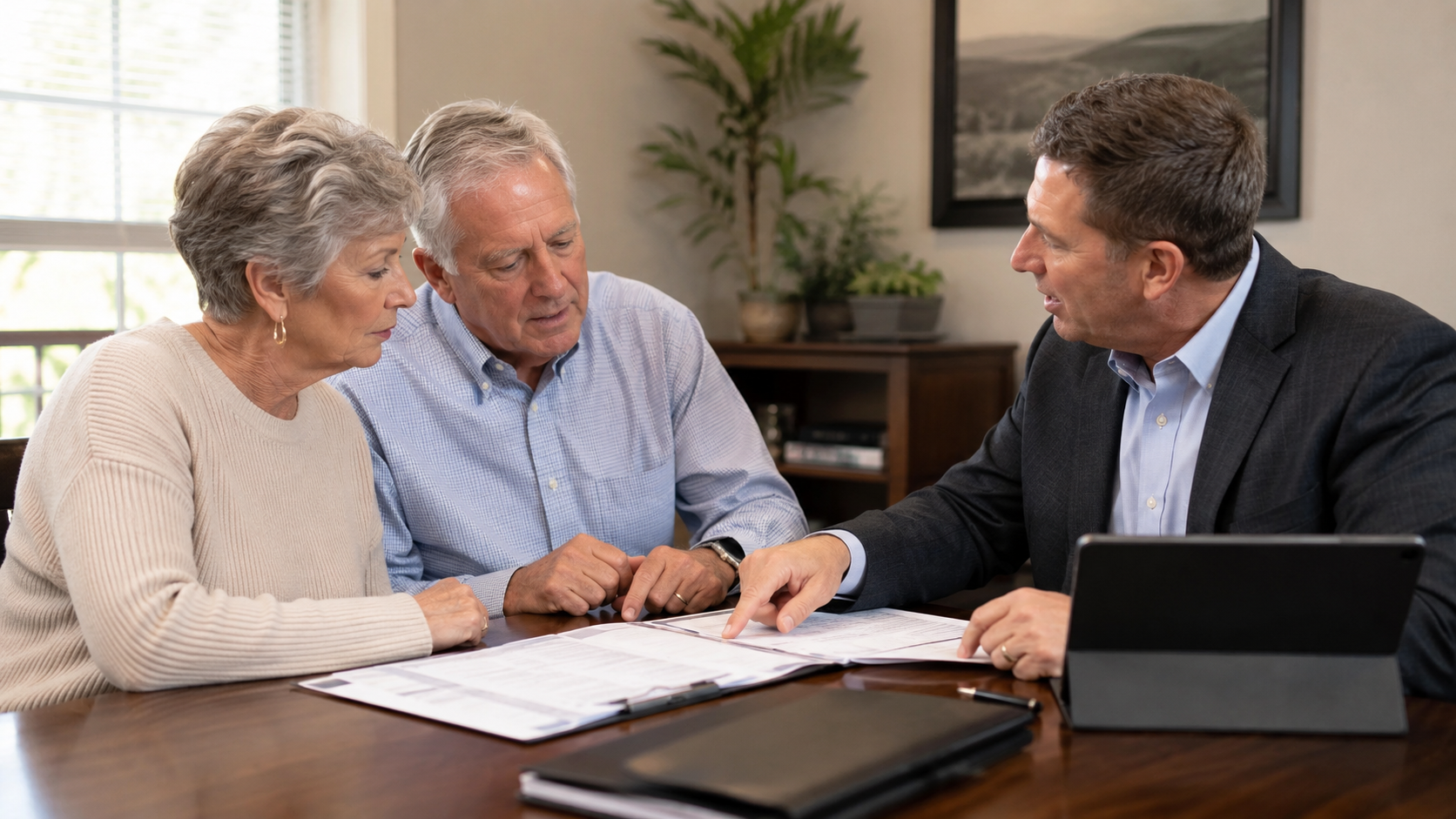Insurance agent reviewing life insurance options with an older couple in Du Quoin, IL