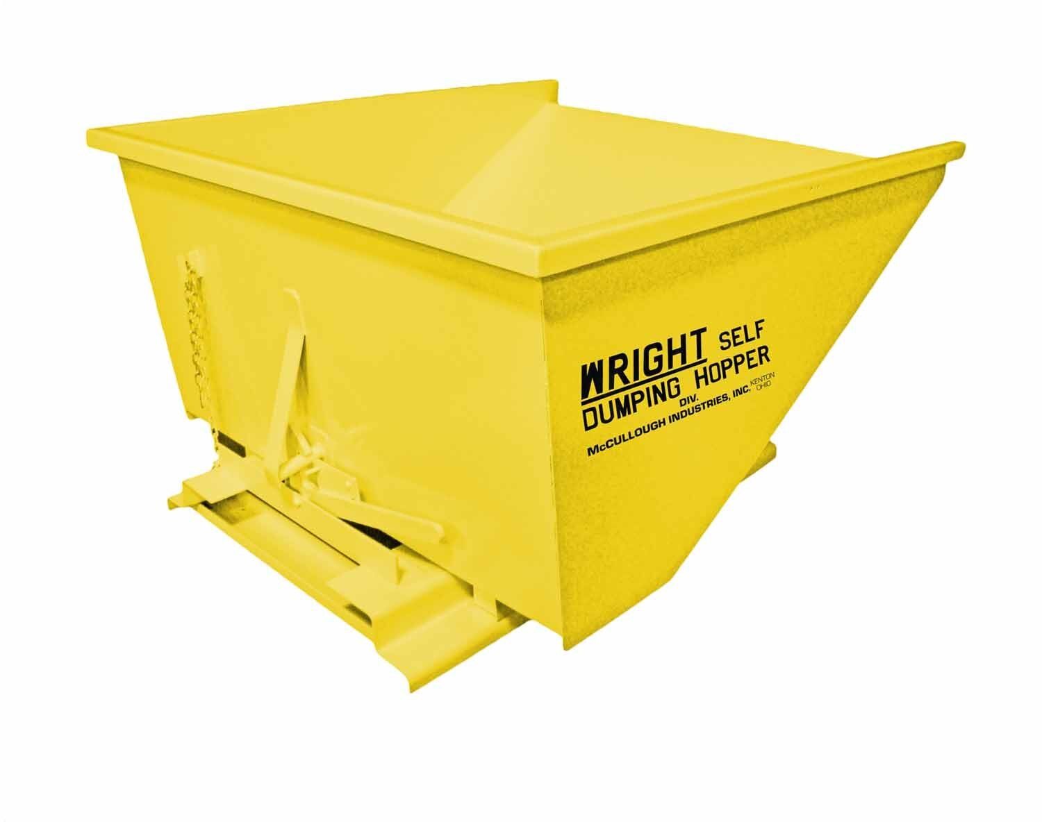 Yellow self-dumping hopper bin, tilted, with the word 
