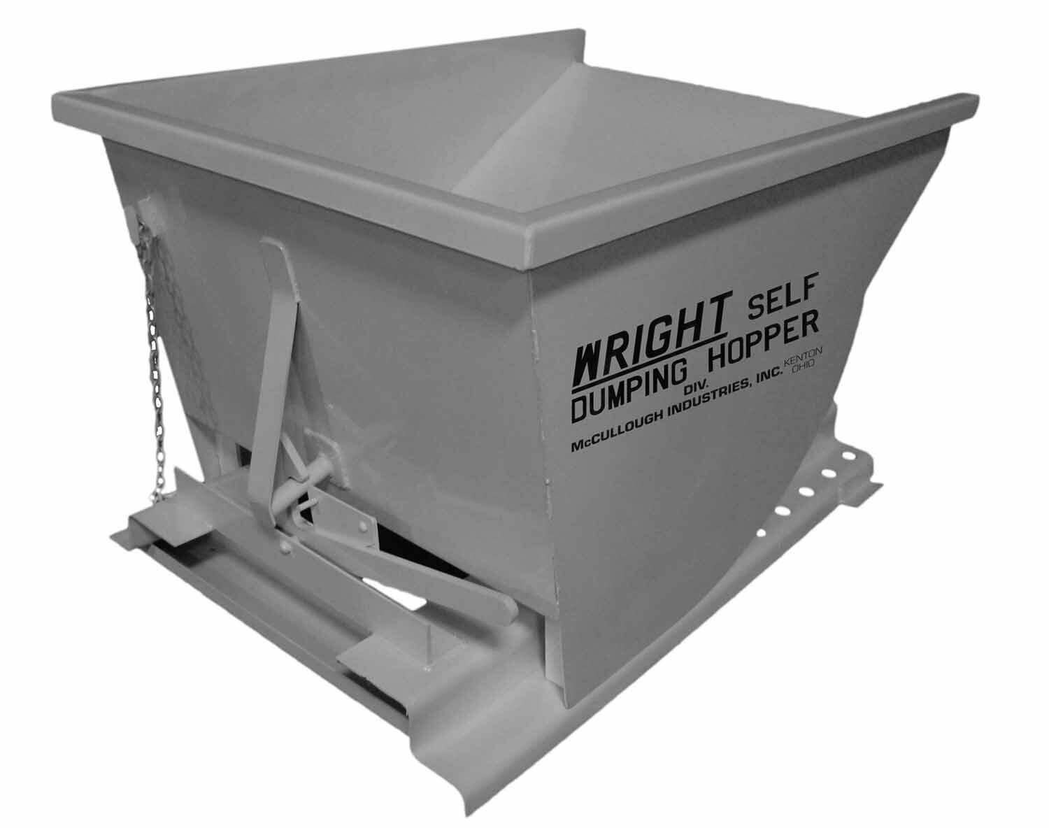 Gray self-dumping hopper bin with a chain, angled sides, and forklift slots.