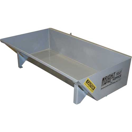 Gray rectangular self-dumping hopper on metal legs, labeled 
