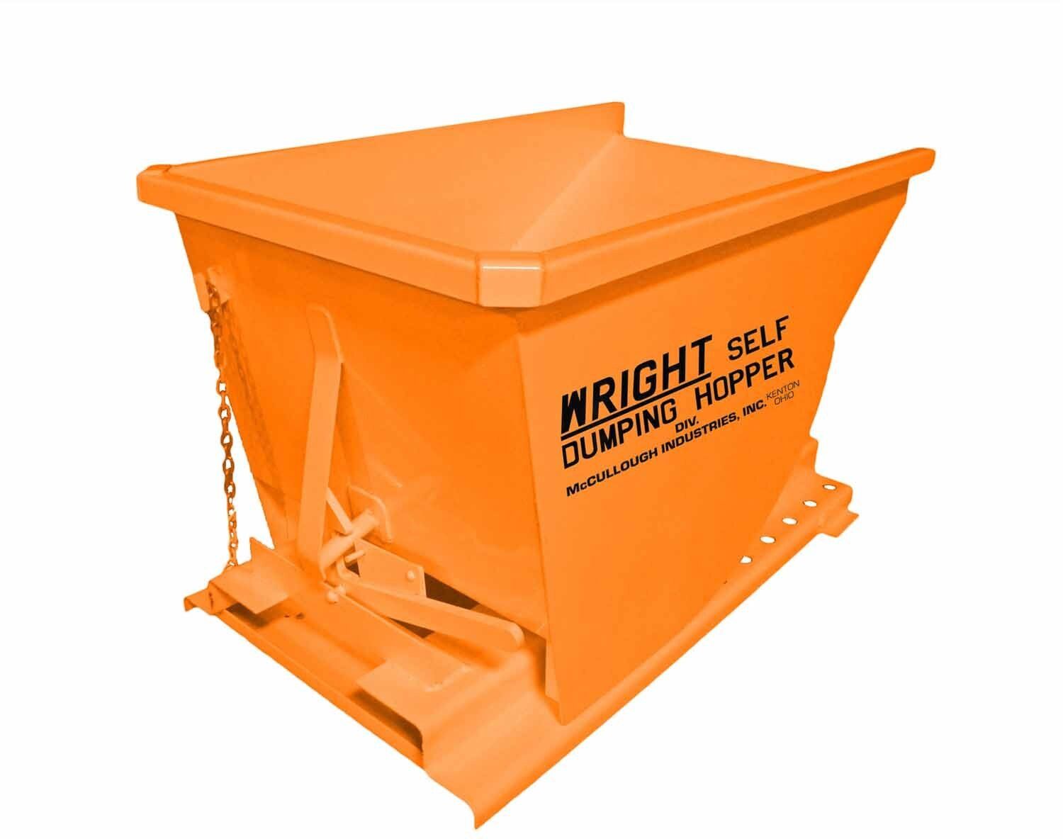 Orange self-dumping hopper on a pallet base, labeled 