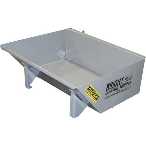 Gray metal self-dumping hopper bin, industrial, with caution sticker.