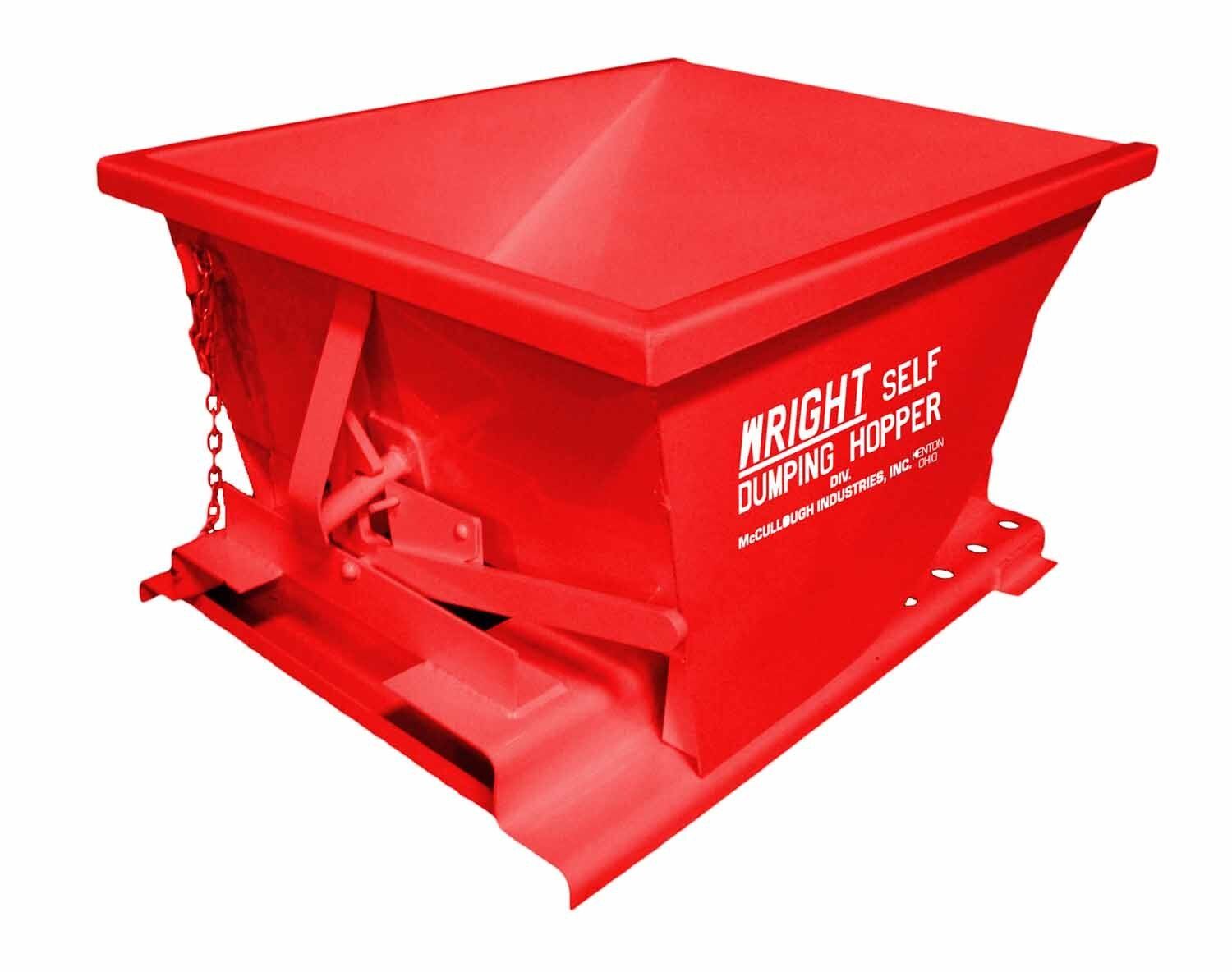 Red self-dumping hopper on a metal base, with attached chain and Wright logo.