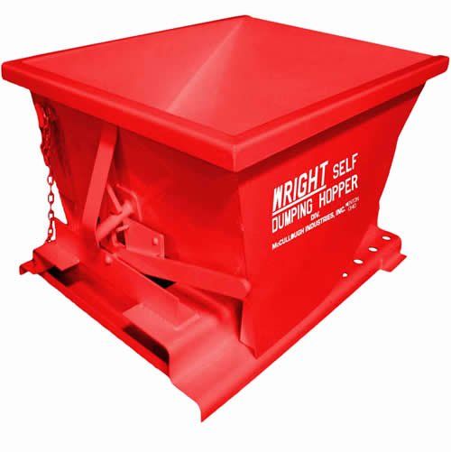 Red self-dumping hopper bin labeled 