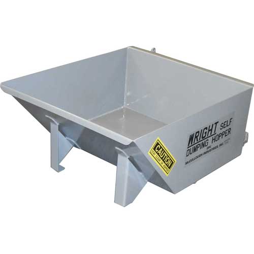 Gray metal self-dumping hopper with a yellow caution label.