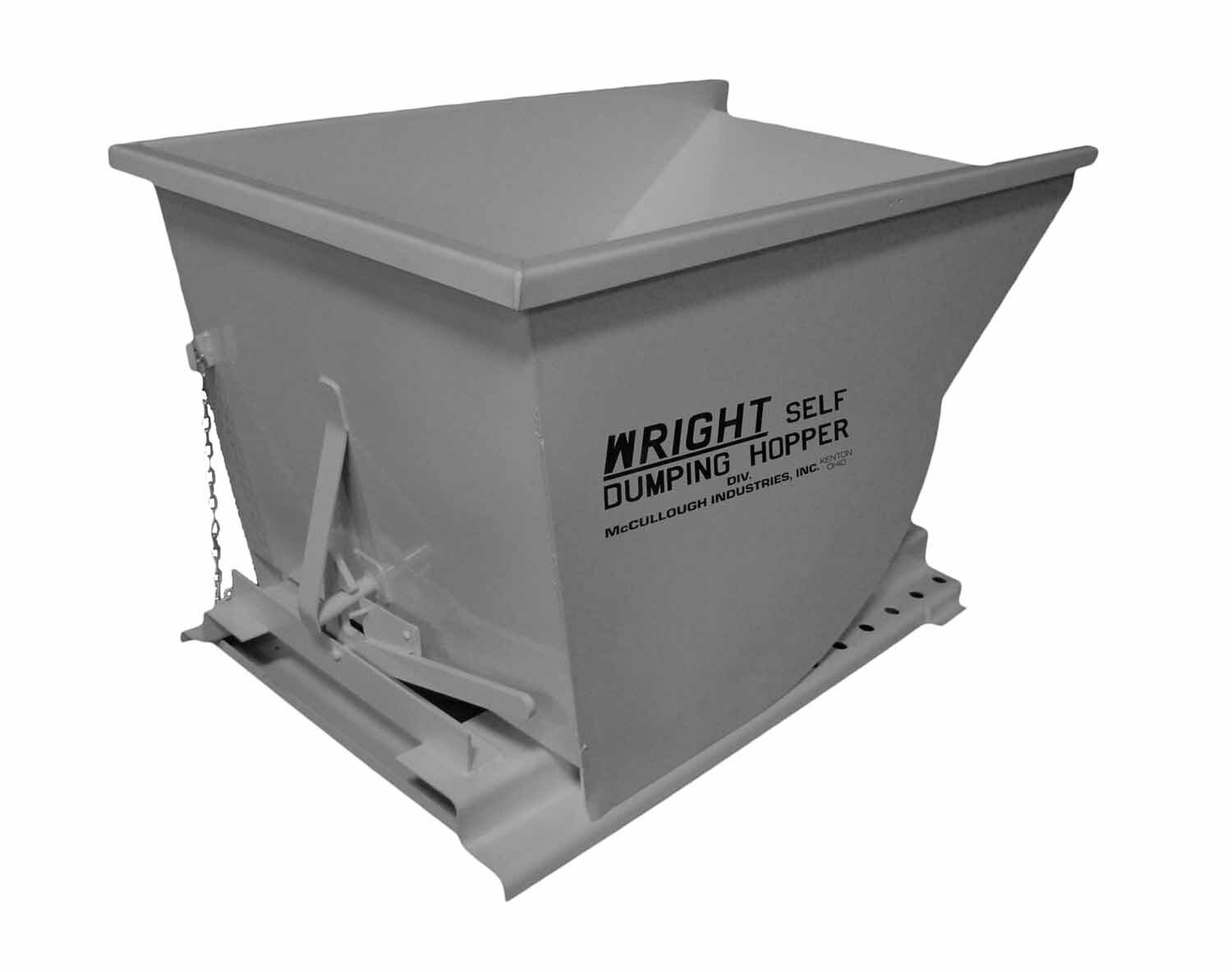 Gray, industrial, self-dumping hopper with chain and latch, angled sides, and base.