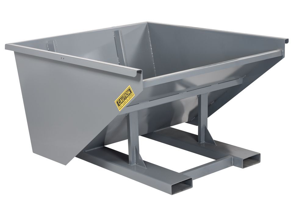 Gray metal self-dumping hopper on a frame with forklift slots.