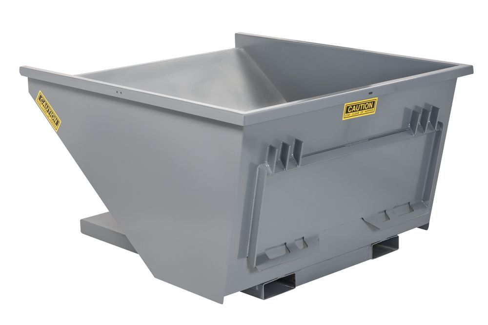 Gray metal industrial container with slanted sides.