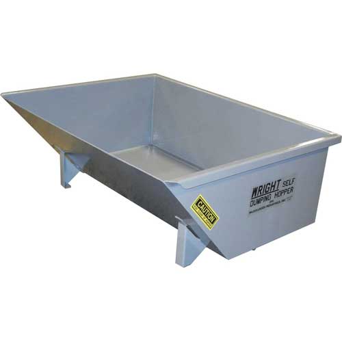 Gray self-dumping hopper bin with angled sides and legs.