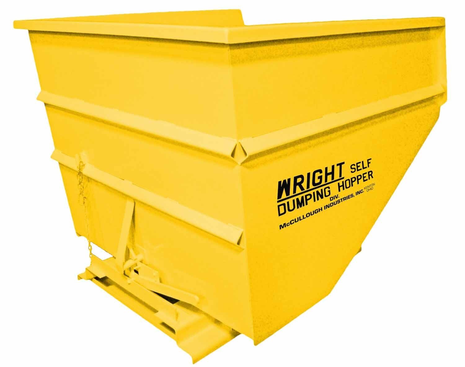 Yellow self-dumping hopper on a pallet base, labeled 