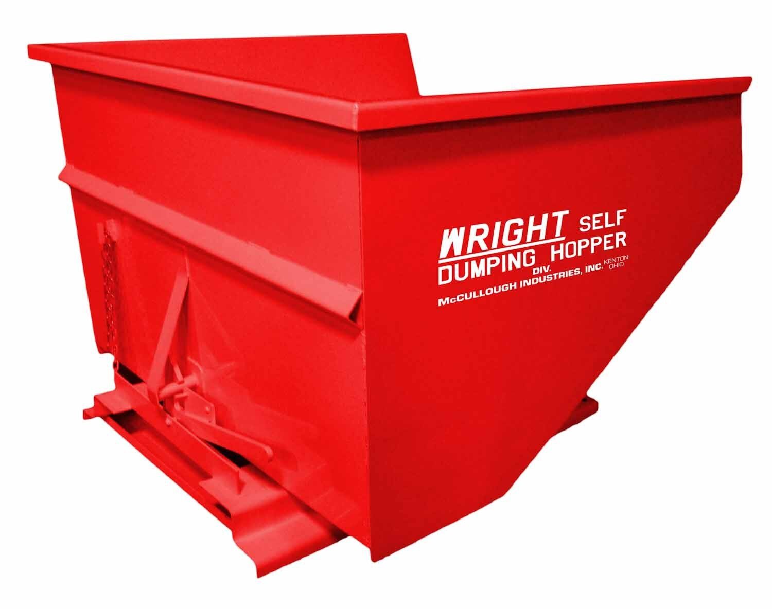 Red, rectangular, self-dumping hopper on a pallet base. 