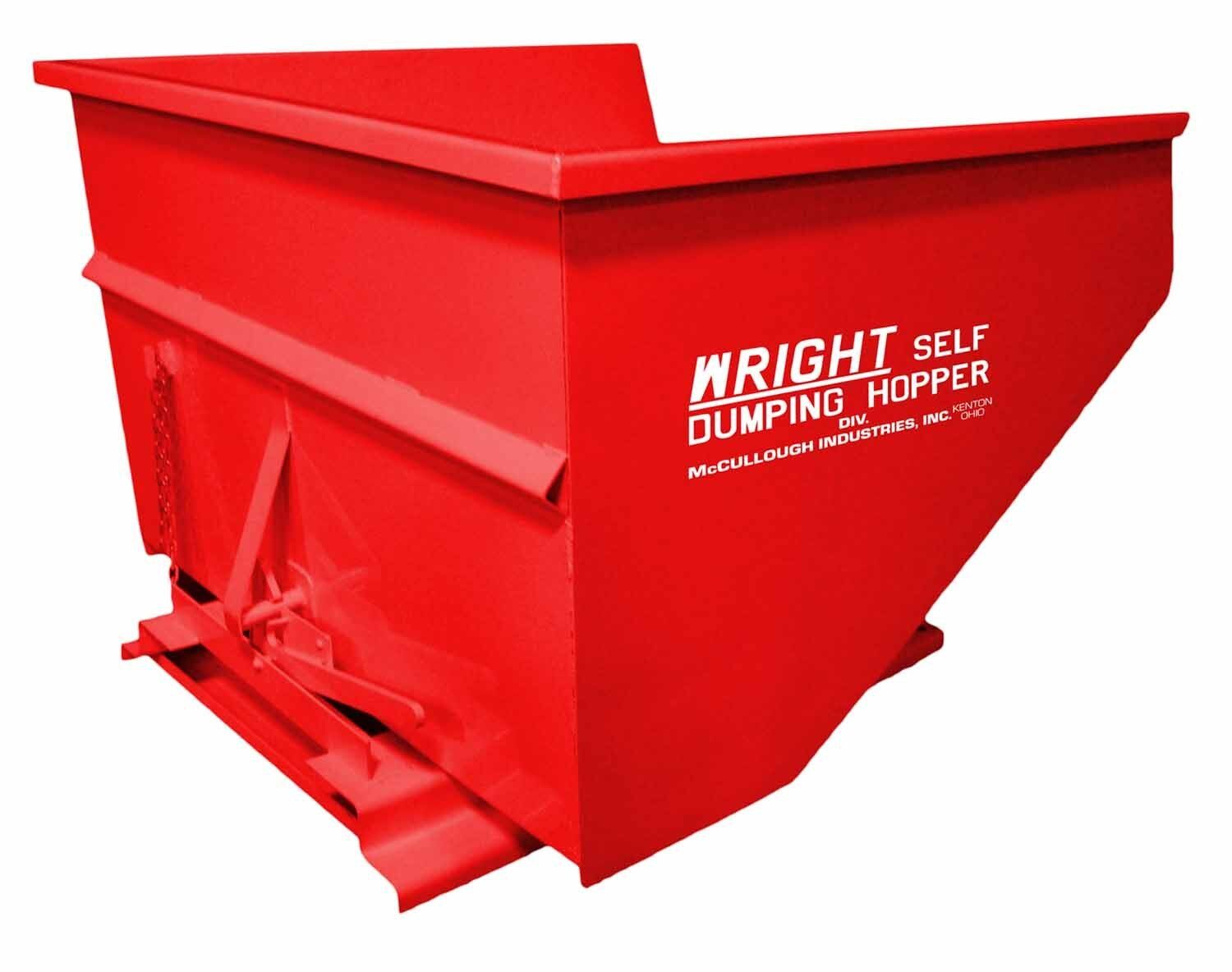 Red self-dumping hopper bin. Angled front, label on side.