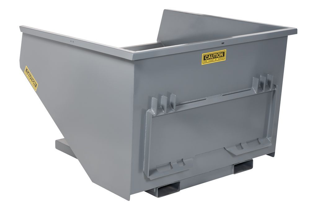 Gray industrial steel self-dumping hopper bin with a sloped side and rectangular opening.